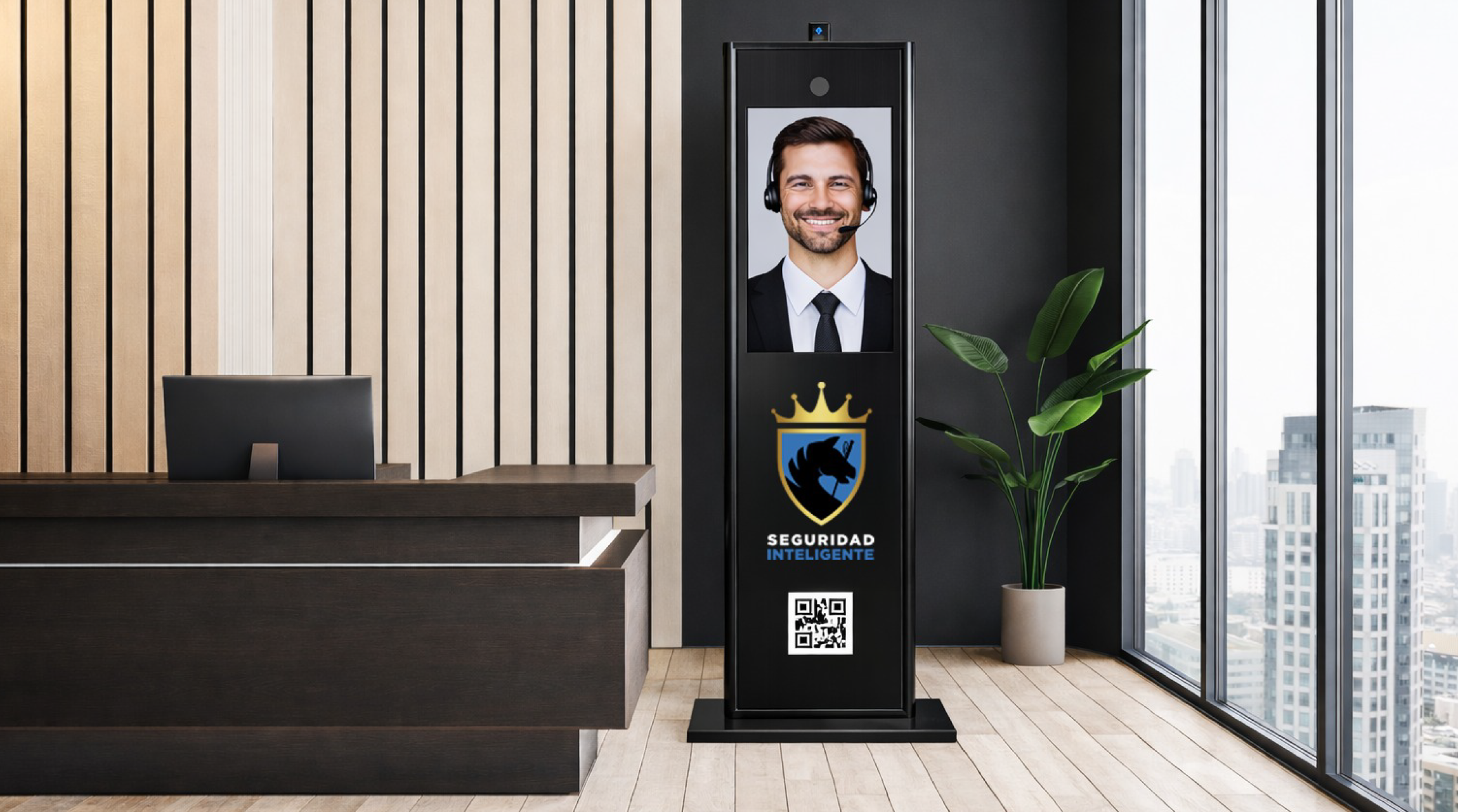 Tótem interactivo de videovigilancia remota en recepción corporativa