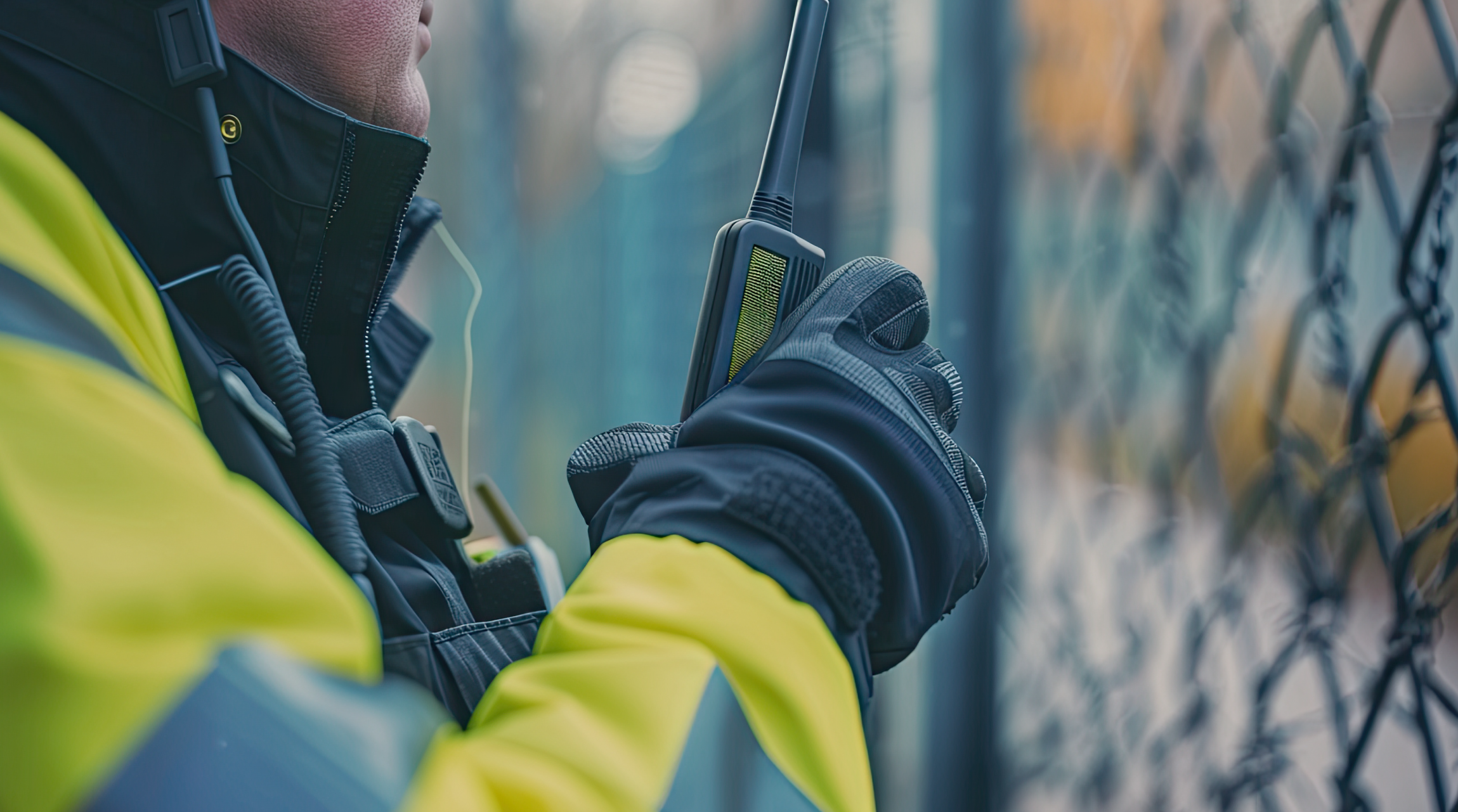 Guardia de seguridad con walkie-talkie custodiando un perímetro